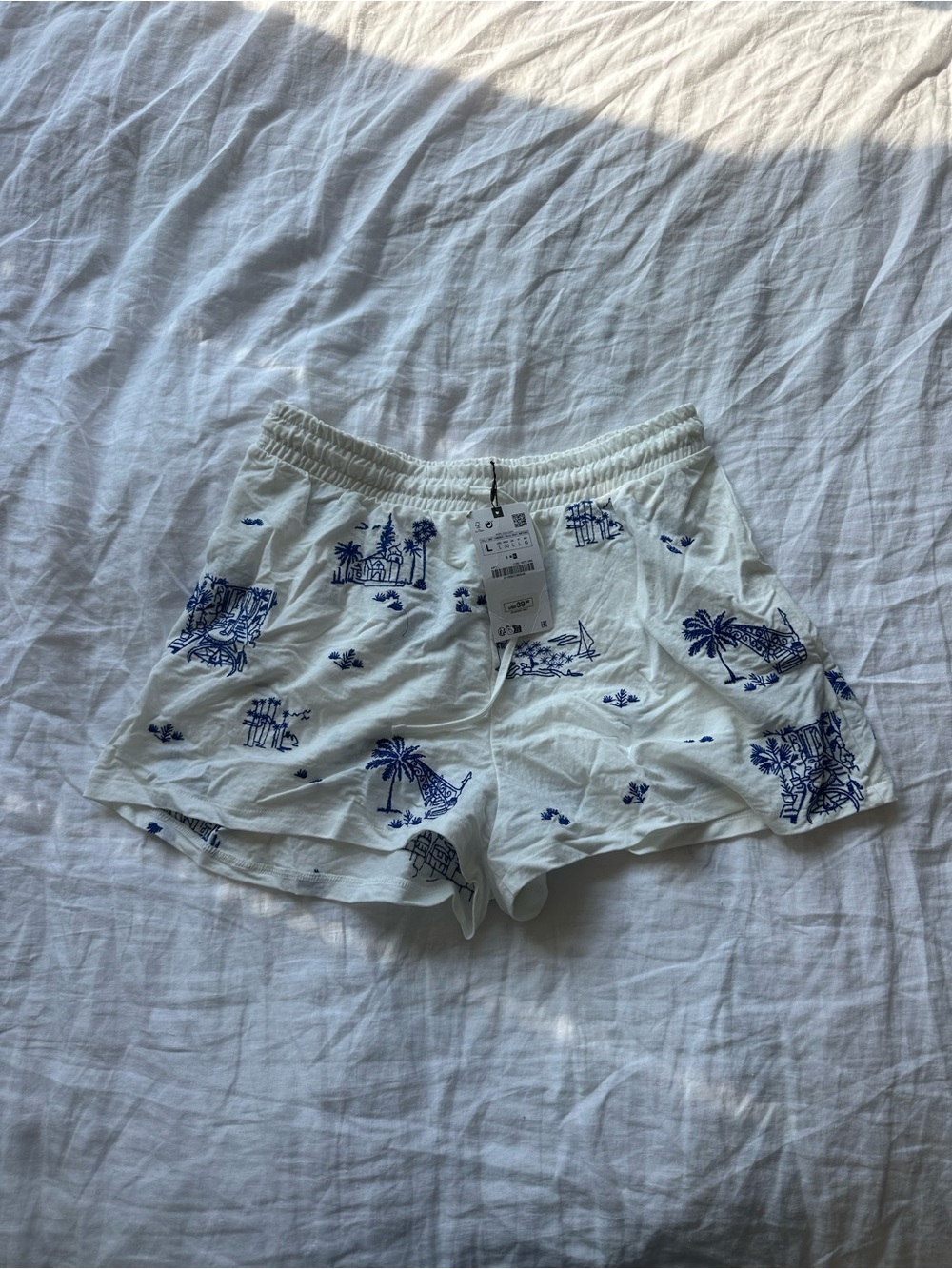 Zara White Shorts with Blue Tropical Print